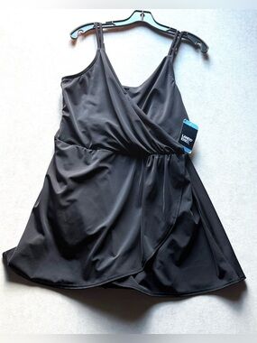 Lands' End Black Wrap-Front Swimdress